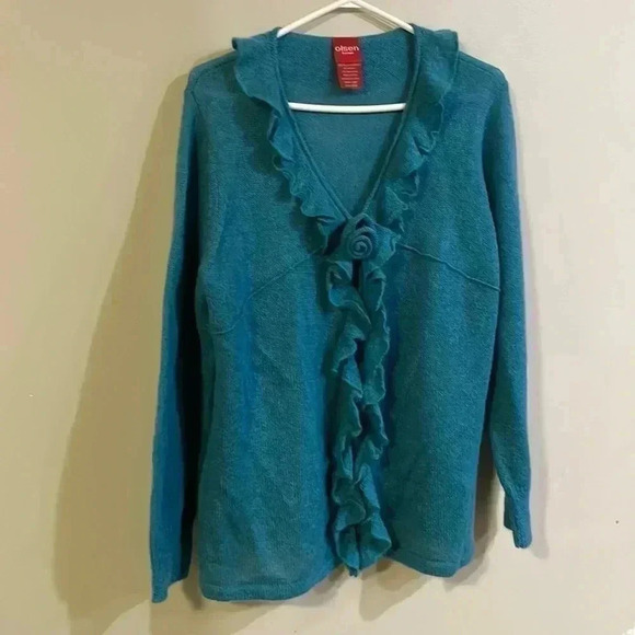 Sigrid Olsen Tops - Olson Europe Mohair Blend Teal hook closure V neck Cardigan sweater